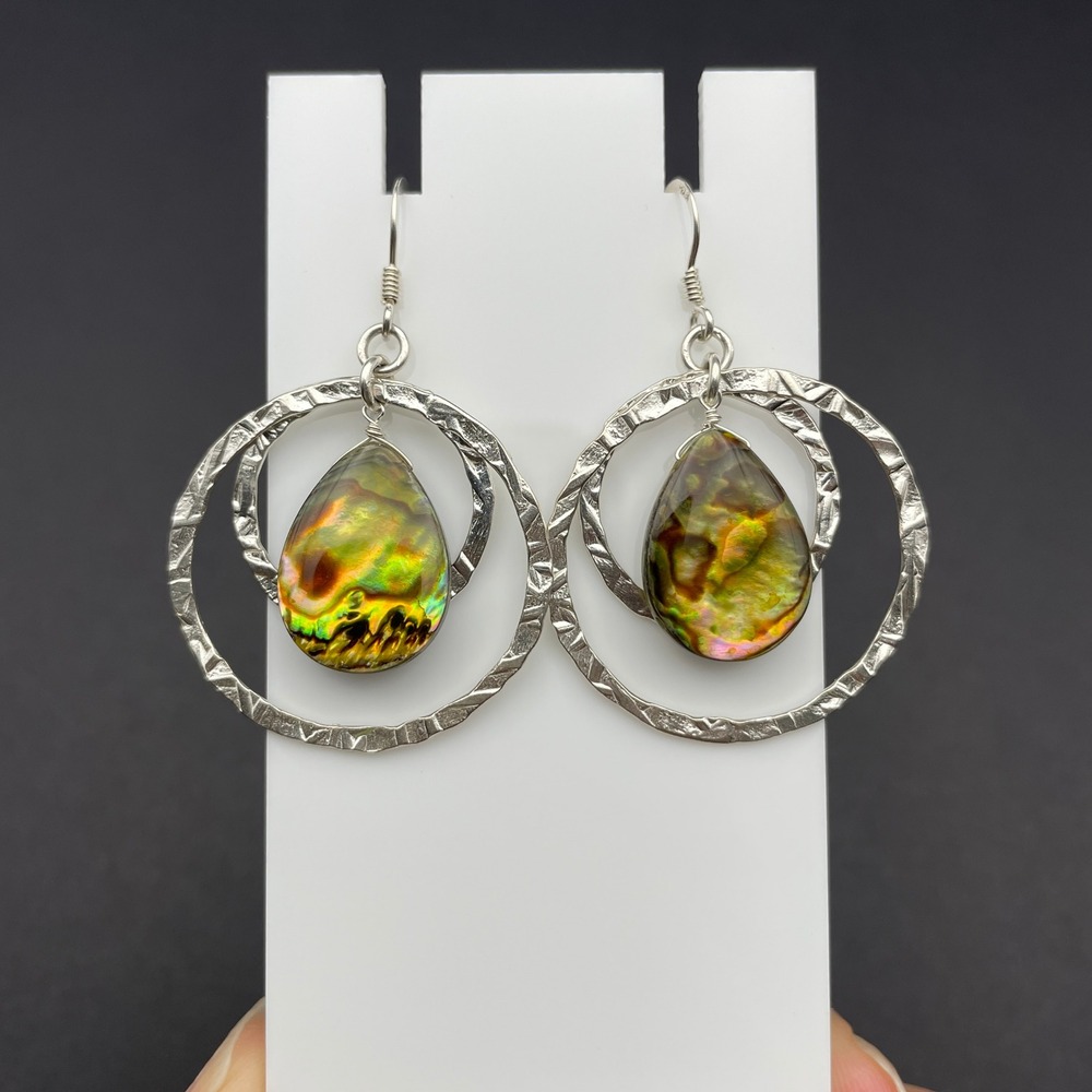 Sterling Silver Abalone Shell Hoop Dangle Earrings Boho Beachy Earrings - Picture 4 of 8